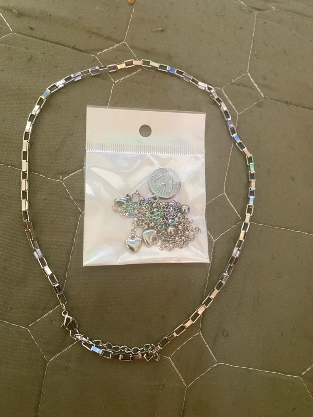 Silver Box Chain Necklace with Heart Charm Set - Women's Jewelry